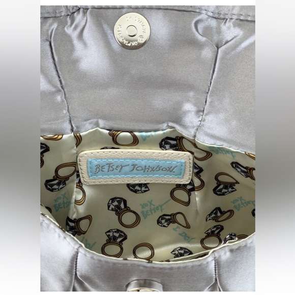 Betsey Johnson Silver Clutch with Rhinestone Bow Gray/Silver Satin with crystals - Picture 8 of 12